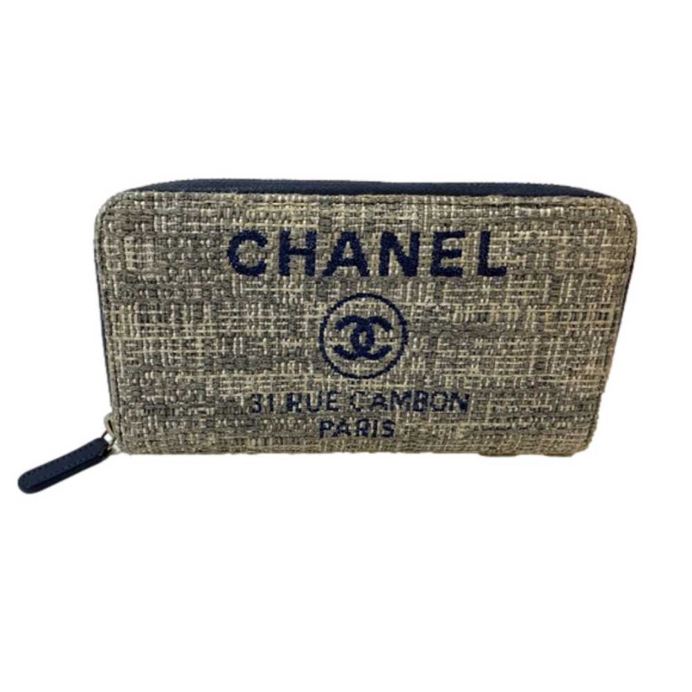 🤩Super sale CHANEL GRAY and BLUE Tweed Full Zip Wallet AUTHENTIC